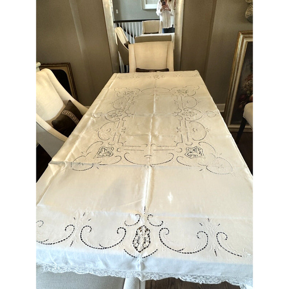 Vintage Ecru Linen Floral Cutwork Embroidered Tablecloth 69” x 59” Lace Trim - Picture 1 of 5
